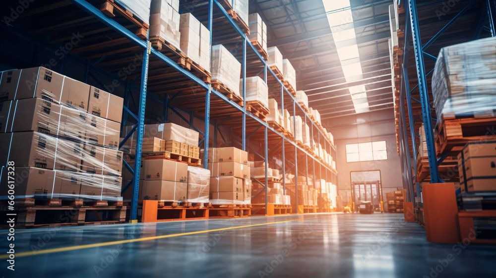 Forklift moving cartons in a USA warehouse