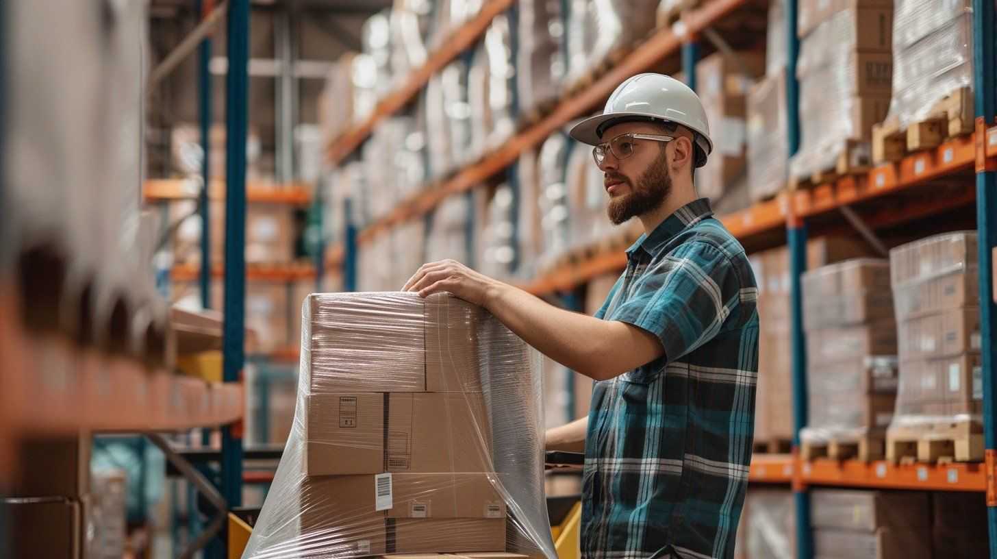 HD warehouse operations with pallets, racks, and ecommerce inventory